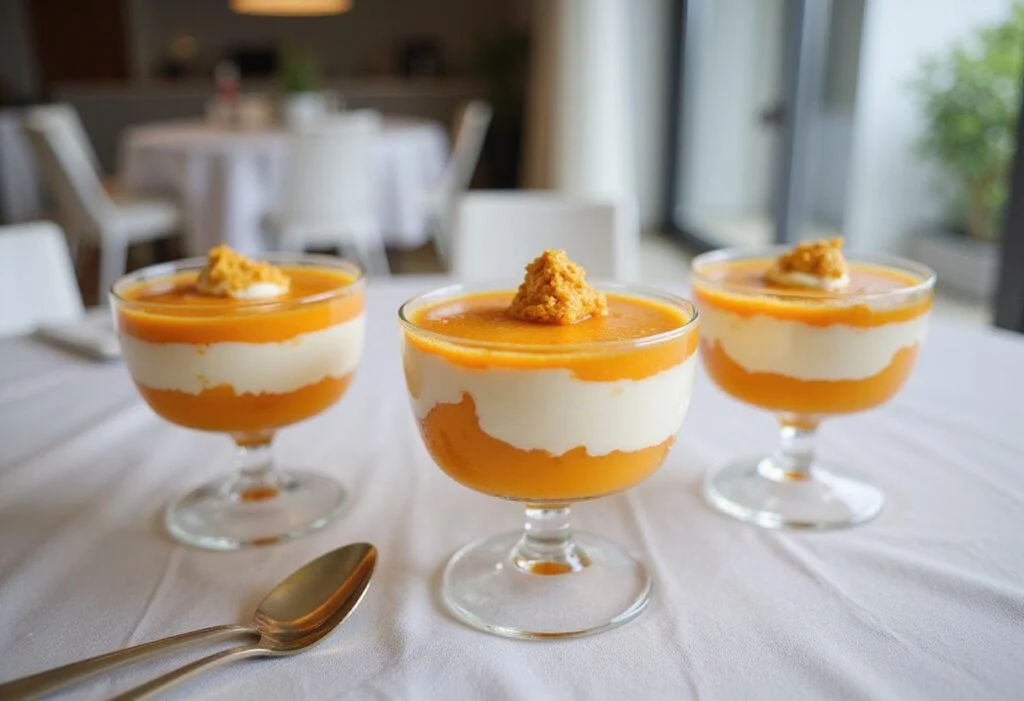 Final presentation of Ethereal Ghost Orange Cream in stylish glasses, perfect for showcasing this creamy dessert in a serene dining setting.