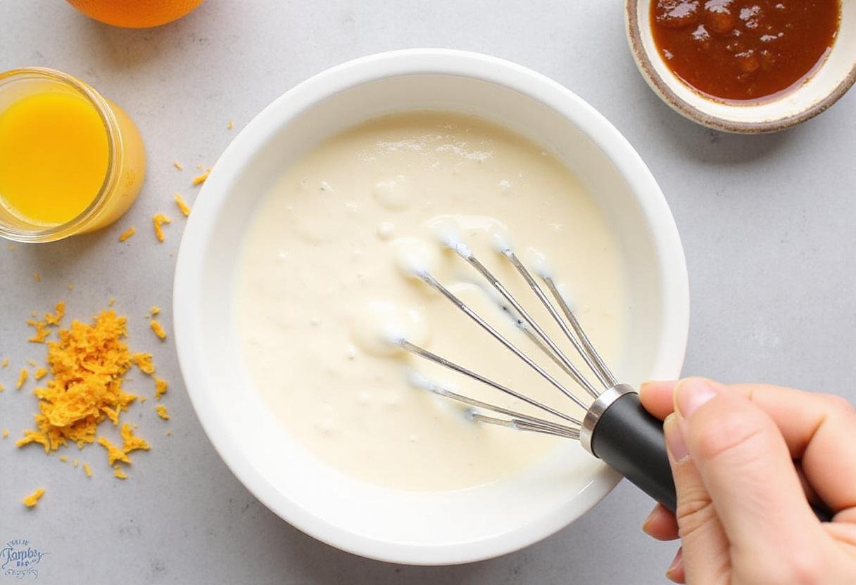 Whipping heavy cream for Ethereal Ghost Orange Cream, blending in fresh orange zest and juice for a delicious texture.