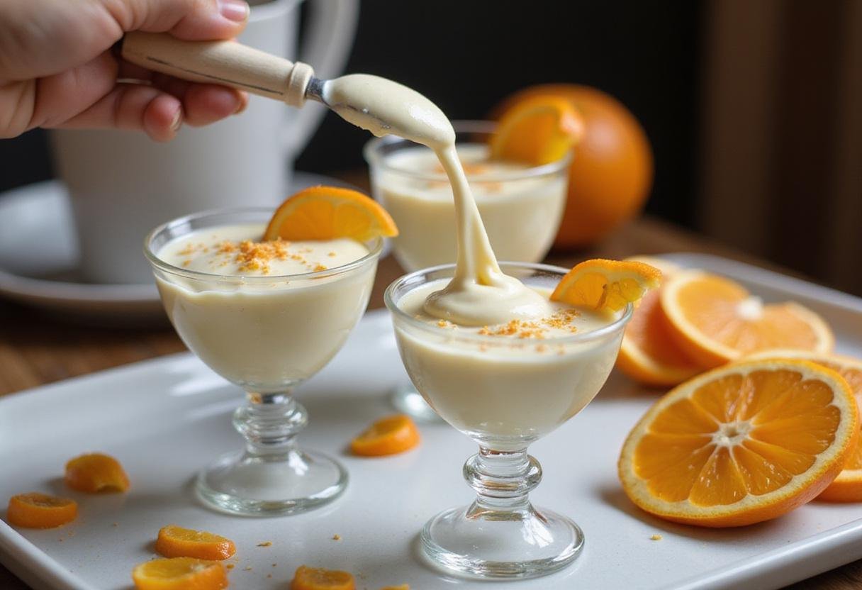 Serving Ethereal Ghost Orange Cream in elegant dessert cups, beautifully garnished with orange slices and zest for a delightful presentation.