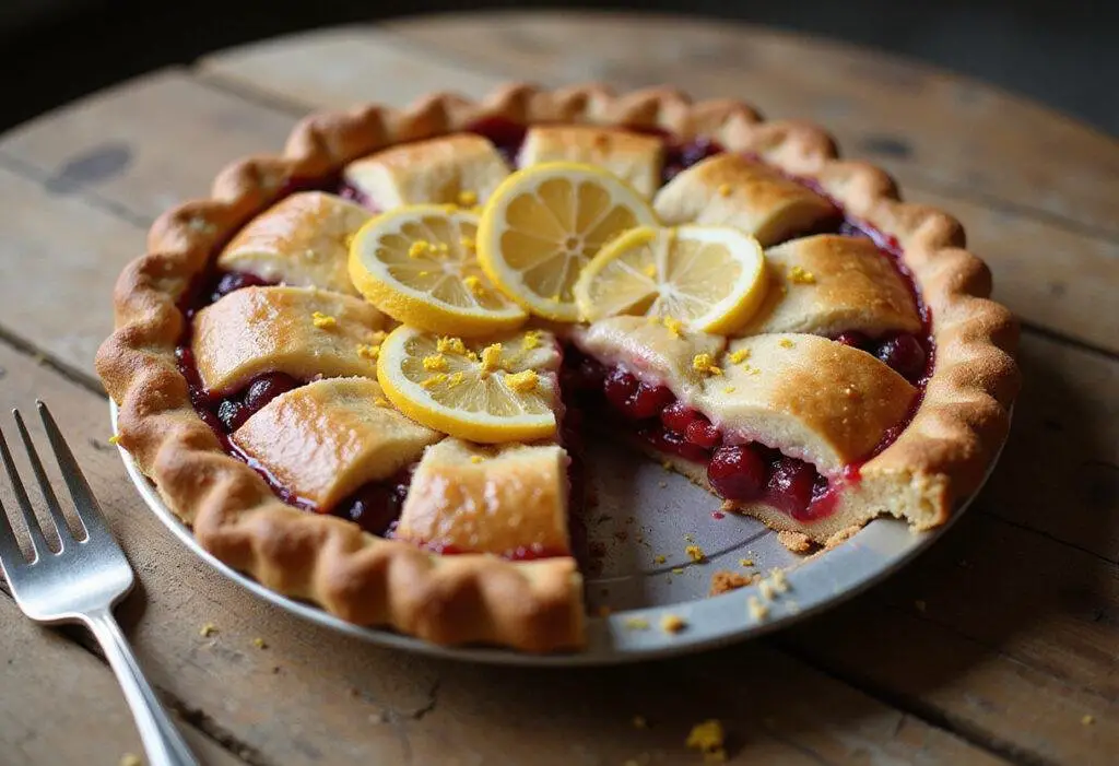 A beautifully presented euphoric lemon cherry pie on a wooden table, showing the golden crust and colorful filling, ideal for dessert lovers and cherry pie enthusiasts.
