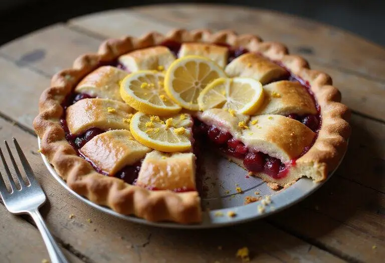 A beautifully presented euphoric lemon cherry pie on a wooden table, showing the golden crust and colorful filling, ideal for dessert lovers and cherry pie enthusiasts.