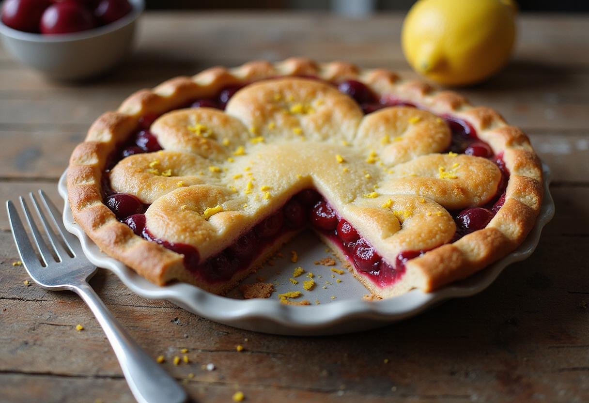 A beautifully presented euphoric lemon cherry pie on a wooden table, showing the golden crust and colorful filling, ideal for dessert lovers and cherry pie enthusiasts.