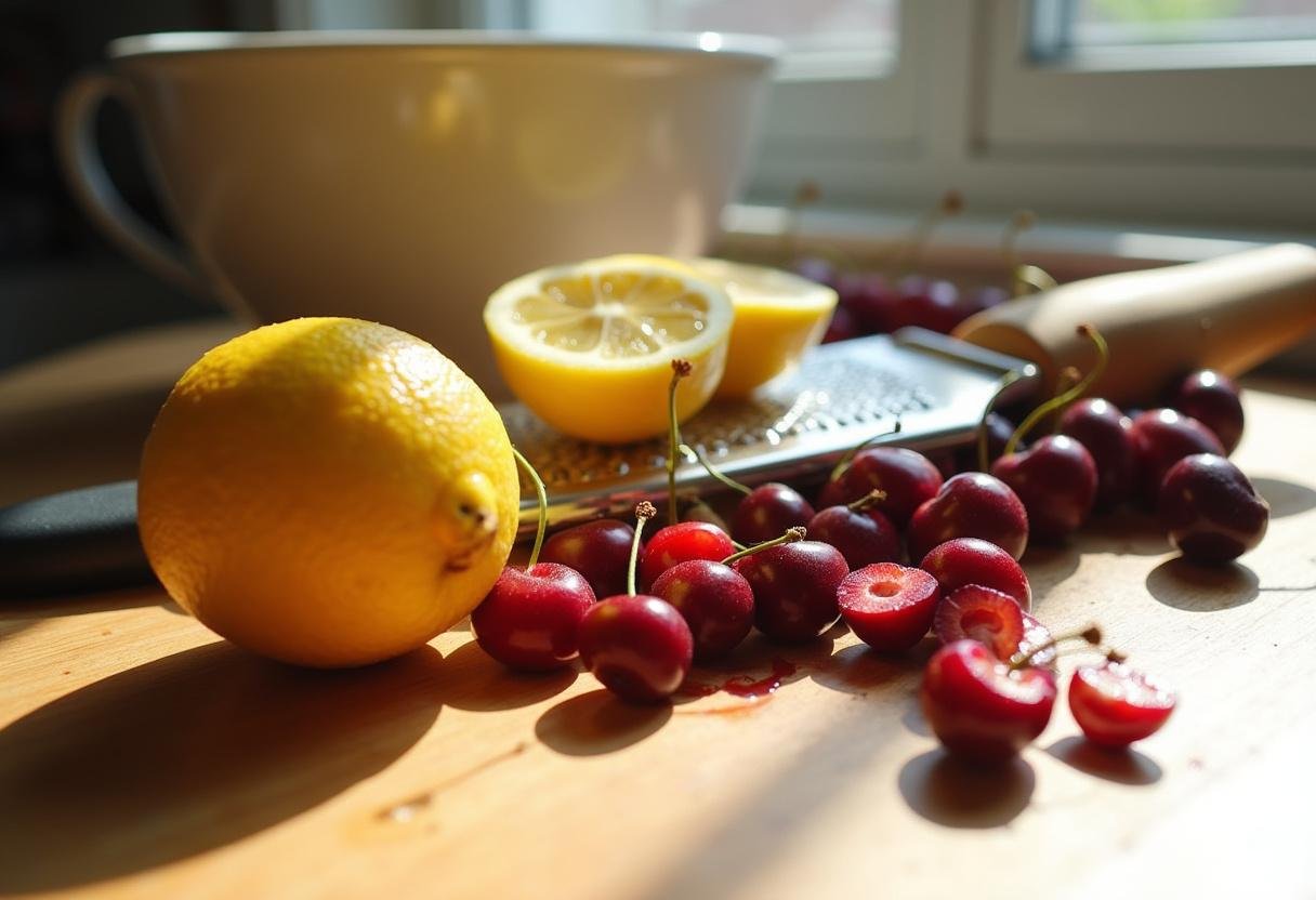 Fresh ingredients for euphoric lemon cherry pie including lemons and cherries on a kitchen countertop, showcasing the zesting and pitting process.