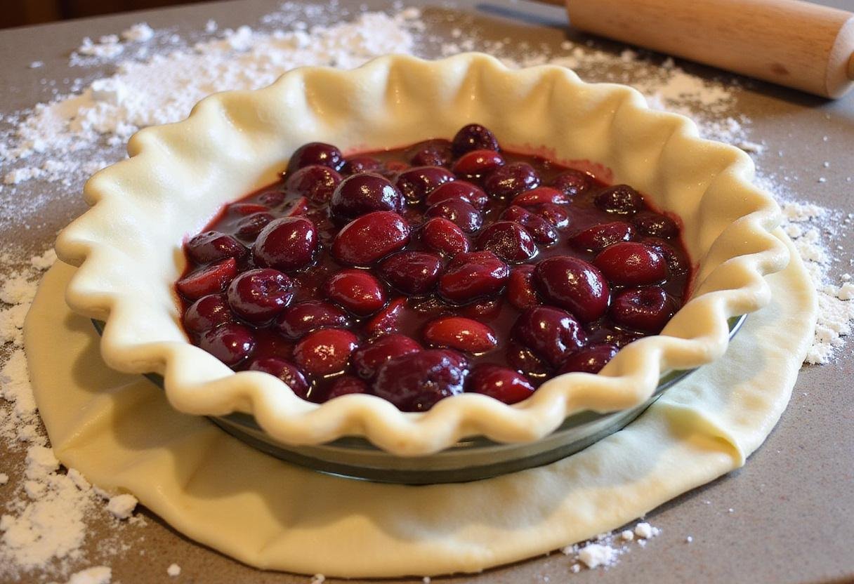 Preparing the pie crust for euphoric lemon cherry pie, filling it with fresh cherry-lemon mixture, capturing a vibrant and inviting baking scene.
