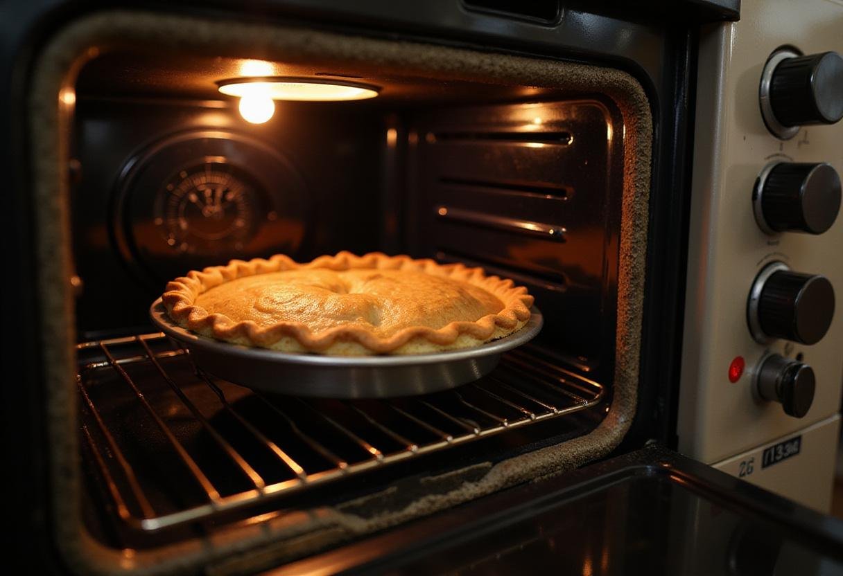 Placing the euphoric lemon cherry pie in the oven, showcasing the anticipation of baking a delightful dessert in a beautifully arranged kitchen.