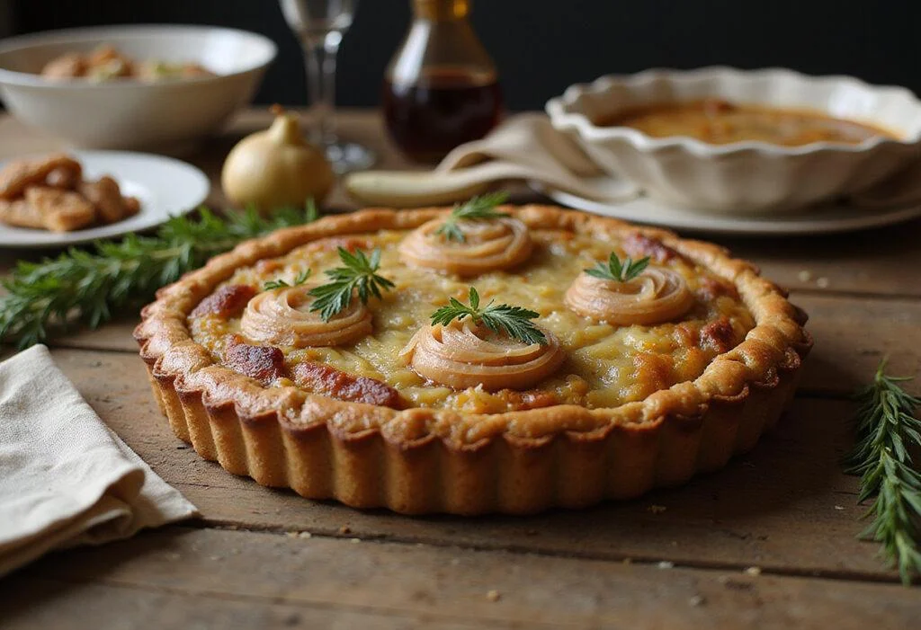 Final presentation of Exotic Ornamental Onion Tart, highlighting golden crust and garnished with ornamental onions, perfect for a gourmet meal.
