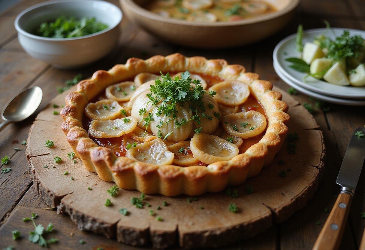 Final presentation of Exotic Ornamental Onion Tart, highlighting golden crust and garnished with ornamental onions, perfect for a gourmet meal.