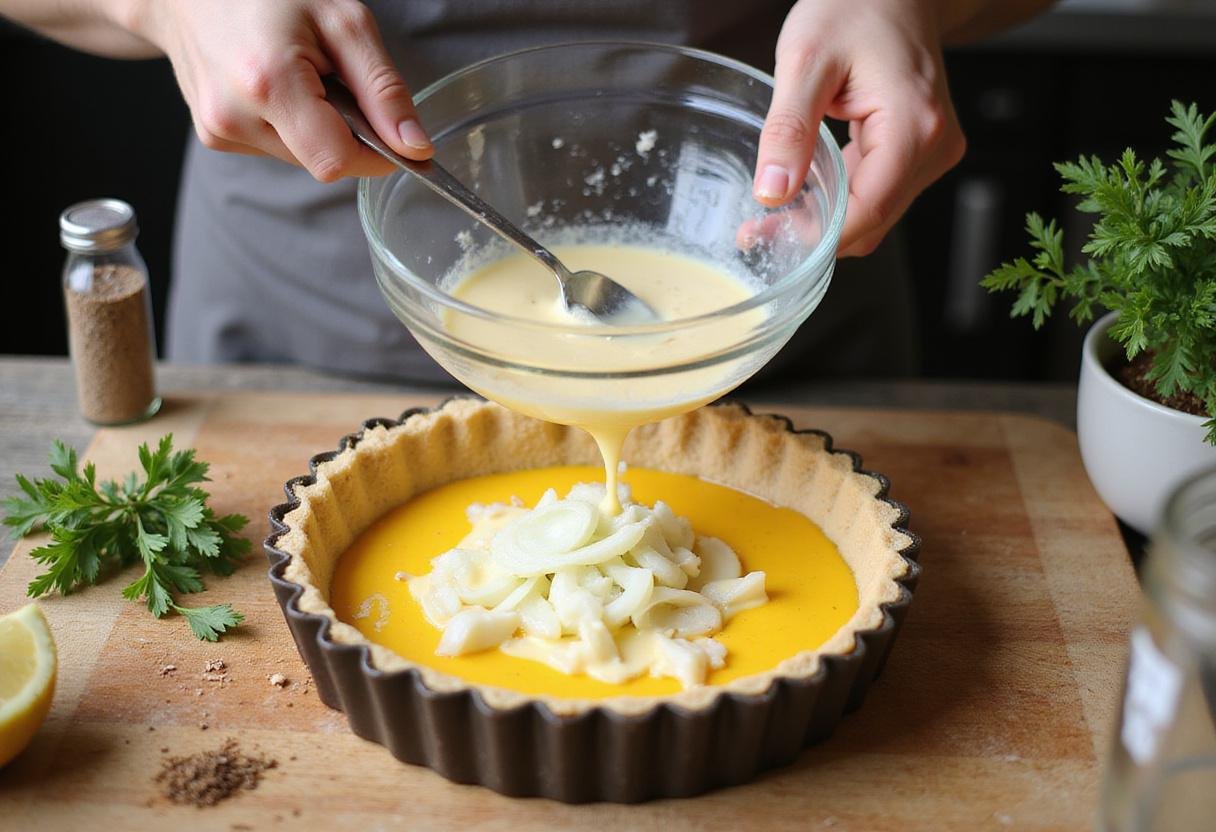 Preparation of the filling for Exotic Ornamental Onion Tart, showcasing eggs, cream, and ornamental onions in a mixing bowl.