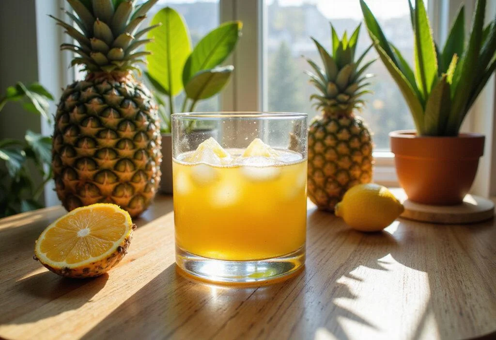 Final presentation of Exotic Pineapple Express Elixir, vibrant tropical drink displayed with fresh ingredients.
