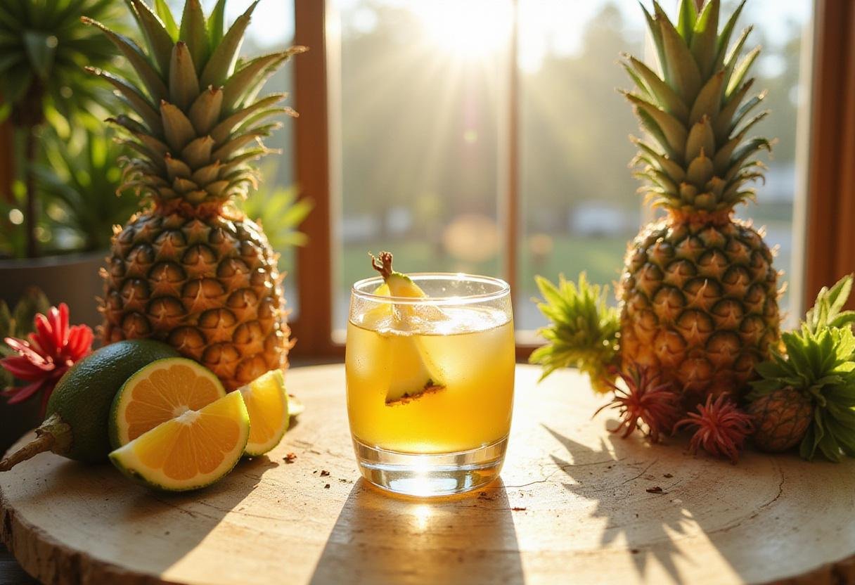 Final presentation of Exotic Pineapple Express Elixir, vibrant tropical drink displayed with fresh ingredients.