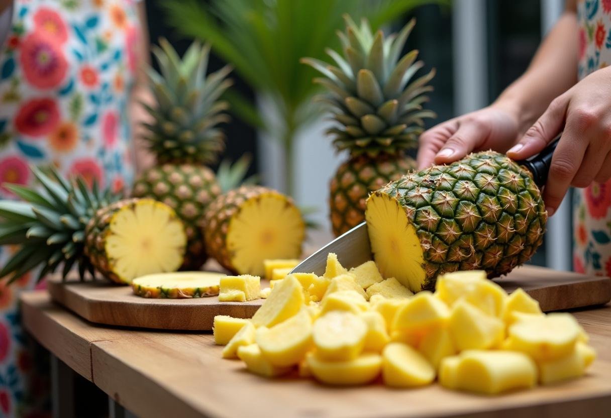 Fresh pineapple chunks for an Exotic Pineapple Express Elixir, tropical drink preparation with ripe fruit.
