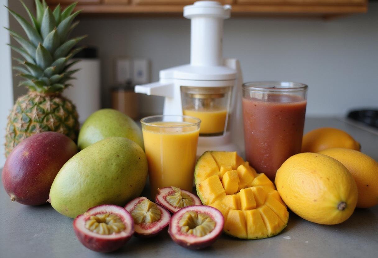 Tropical fruits being juiced for Exotic Pineapple Express Elixir, vibrant fruits enhance the drink's flavors.
