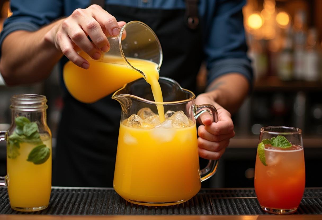 Juicing process for Exotic Pineapple Express Elixir, vibrant juices mixed together in a pitcher.