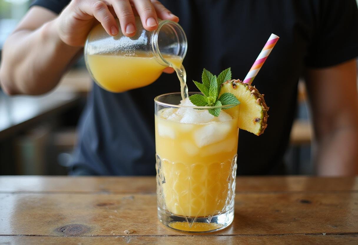Preparing Exotic Pineapple Express Elixir in a glass, drink garnished with fresh mint and pineapple slices.