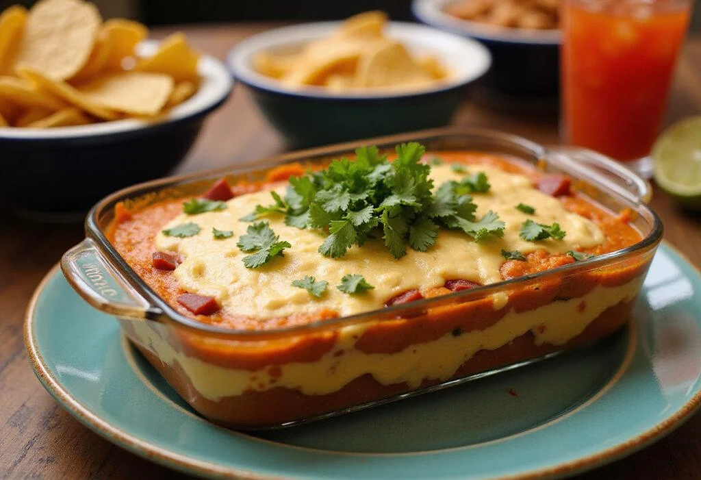 A stunning final presentation of Fiesta Layered Delight, a colorful seven layer dip ready to impress, beautifully garnished and served.