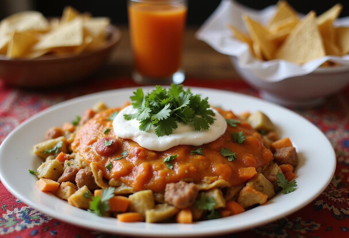 A stunning final presentation of Fiesta Layered Delight, a colorful seven layer dip ready to impress, beautifully garnished and served.