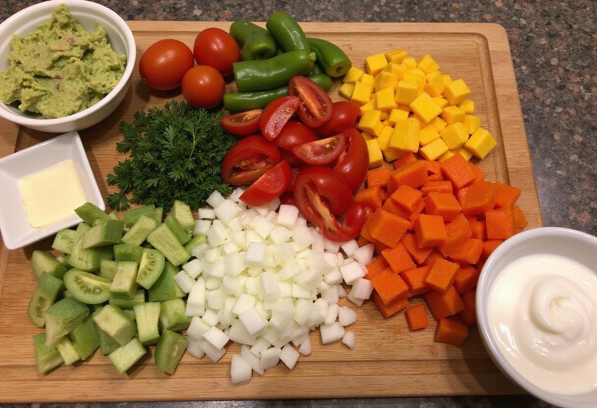Fresh vegetables and guacamole displayed for seven layer dip recipe preparation, colorful ingredients for a Fiesta Layered Delight.