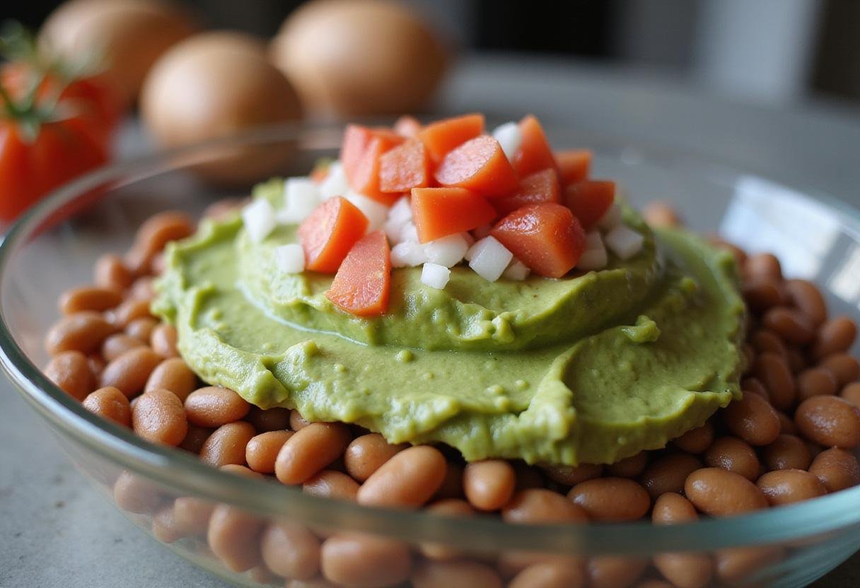 Adding a layer of creamy guacamole to the seven layer dip for a flavorful Fiesta Layered Delight, enhancing the dish's visual appeal.