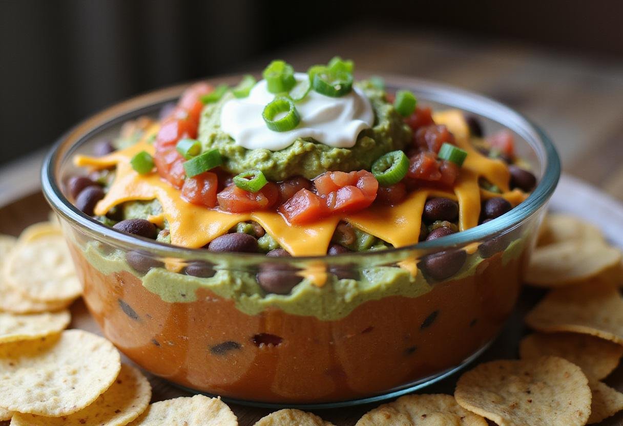 Completed seven layer dip displayed in a clear dish, vibrant and colorful Fiesta Layered Delight with tortilla chips, perfect for serving.
