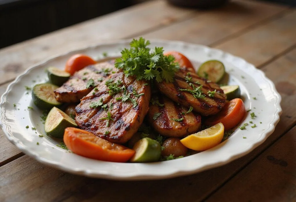 Flat top grill recipes presented in a stunning, colorful dish with an artful arrangement of grilled meats and vegetables, perfect for sharing.