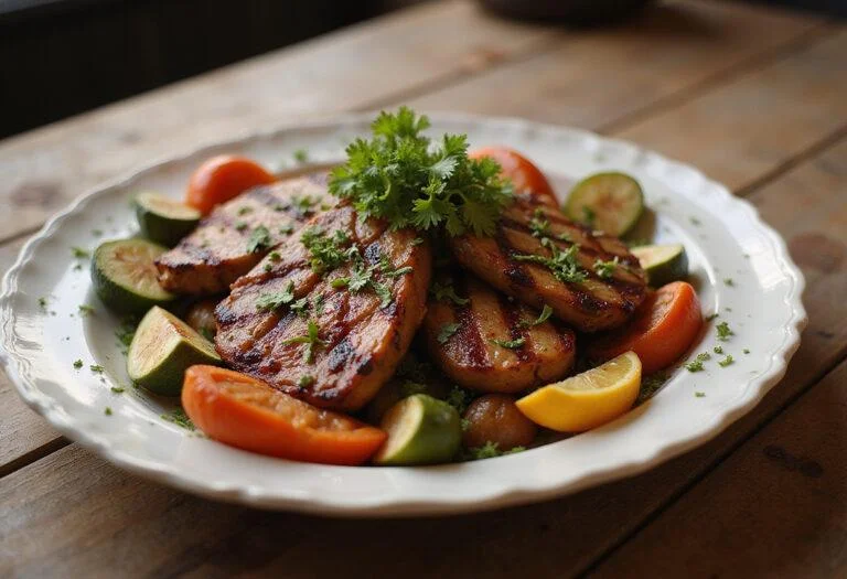 Flat top grill recipes presented in a stunning, colorful dish with an artful arrangement of grilled meats and vegetables, perfect for sharing.