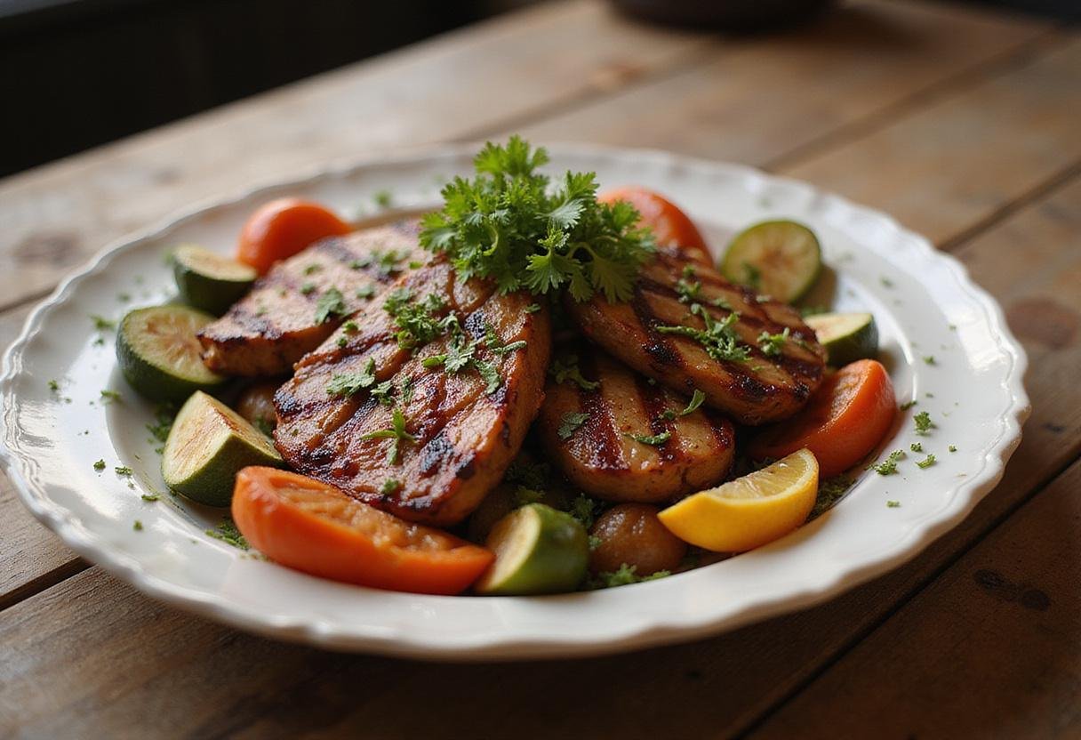 Flat top grill recipes presented in a stunning, colorful dish with an artful arrangement of grilled meats and vegetables, perfect for sharing.