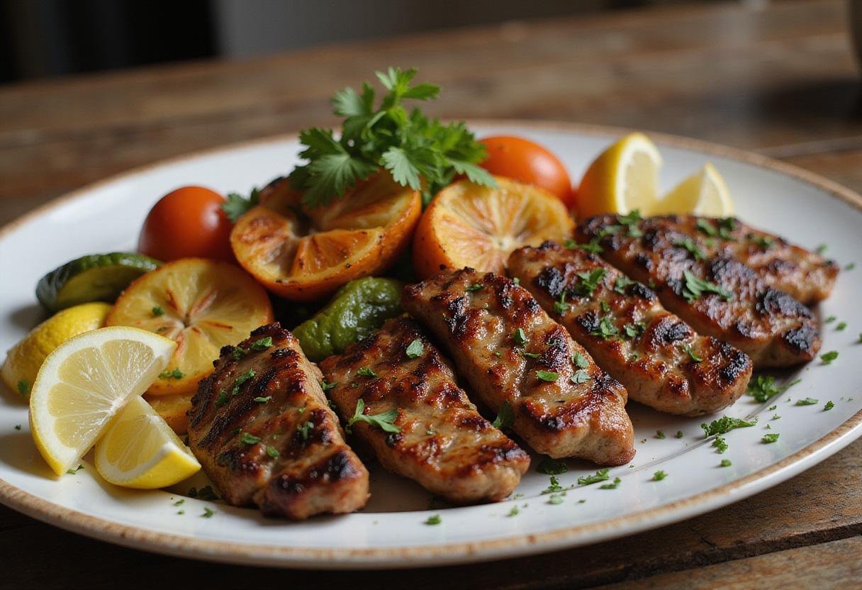 Flat top grill recipes presented in a stunning, colorful dish with an artful arrangement of grilled meats and vegetables, perfect for sharing.
