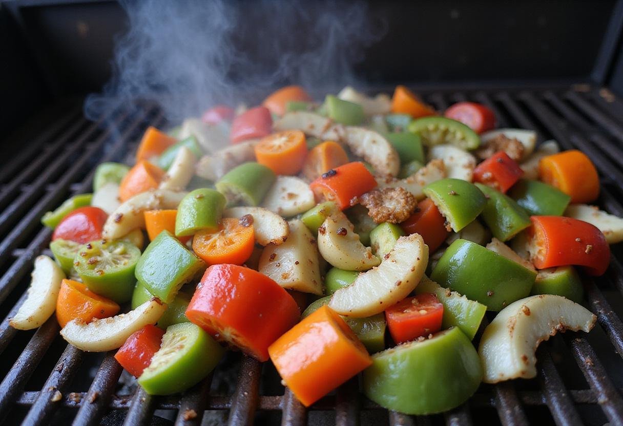 Flat top grill recipes with fresh vegetables sizzling on the grill, highlighting the vibrant colors and savory aromas.