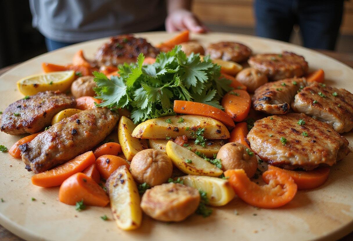 Flat top grill recipes presented on a cutting board, ready to serve, showcasing a colorful and appetizing array of grilled food.