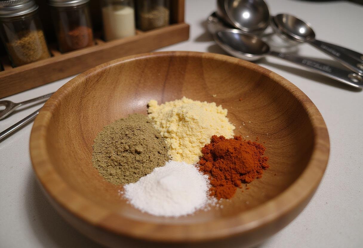 Mixing spices for flavorful popcorn seasoning, including garlic powder, onion powder, and paprika.