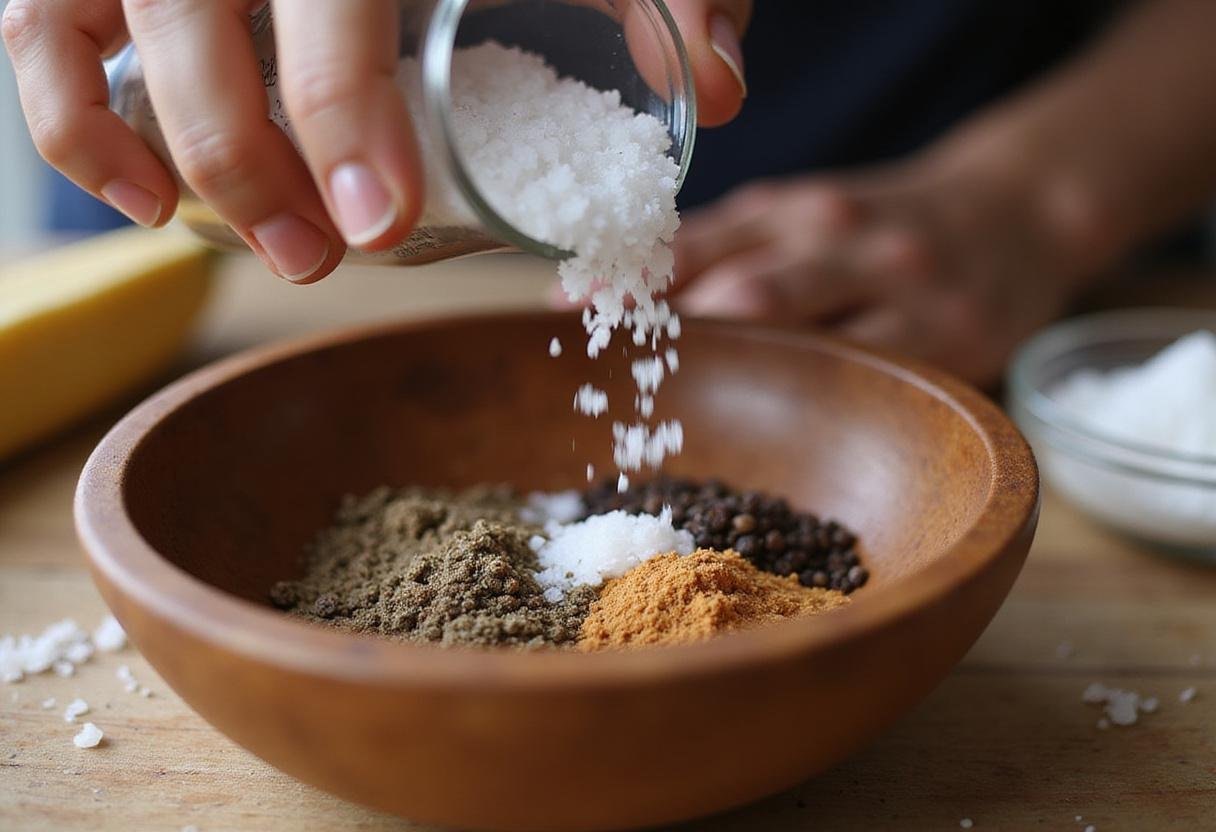 Adding sea salt and black pepper to create a savory popcorn seasoning mixture.