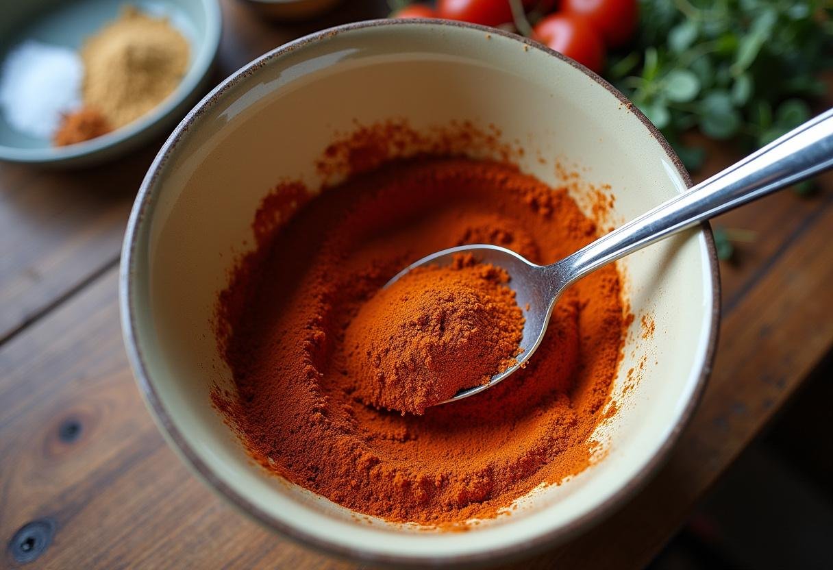 Stirring a delicious popcorn flavor seasoning mix of spices and herbs for enhanced taste.
