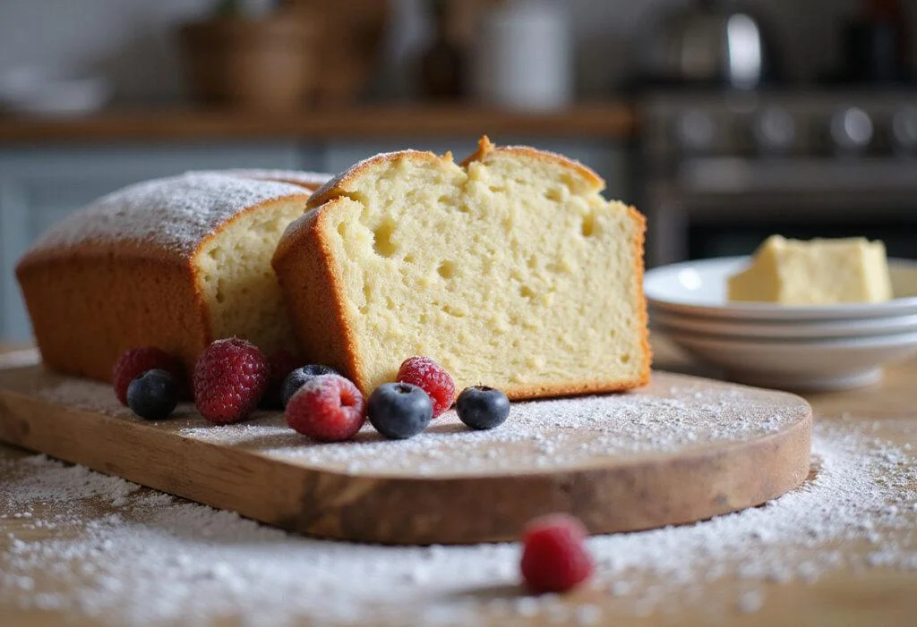 Serving fluffy homemade loaf cake slices with fresh berries and powdered sugar, perfect for any dessert table.