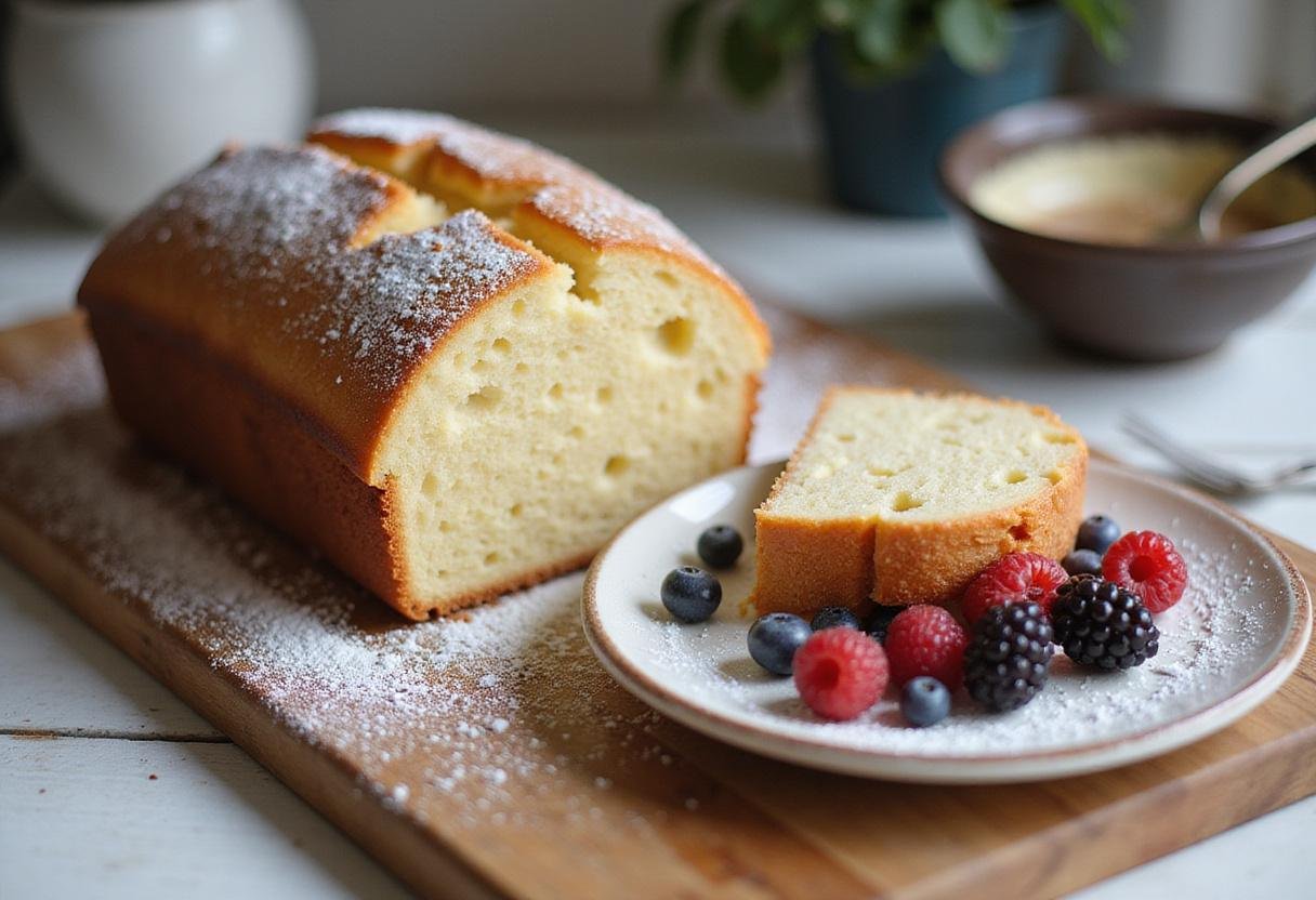 Serving fluffy homemade loaf cake slices with fresh berries and powdered sugar, perfect for any dessert table.