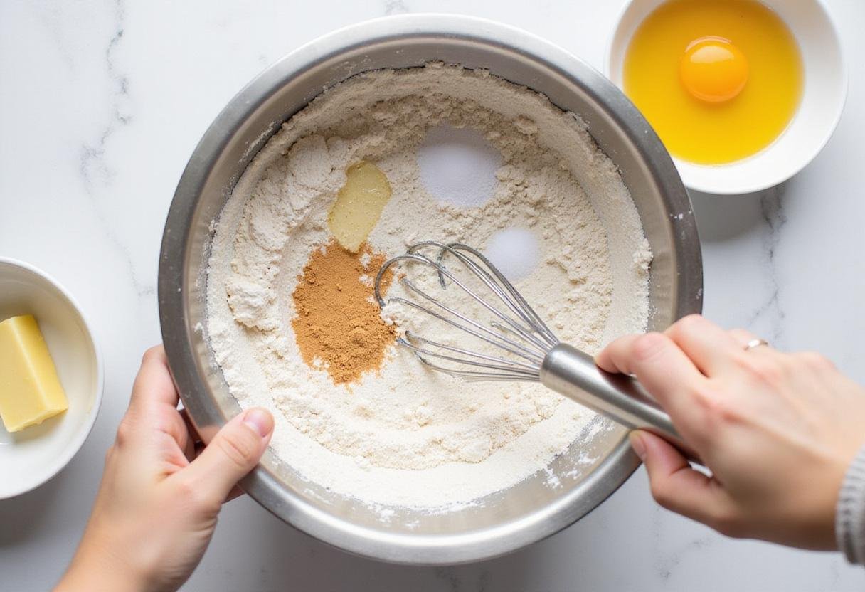 Mixing ingredients for a fluffy homemade loaf cake, showcasing flour, sugar, baking powder, and salt on a countertop.