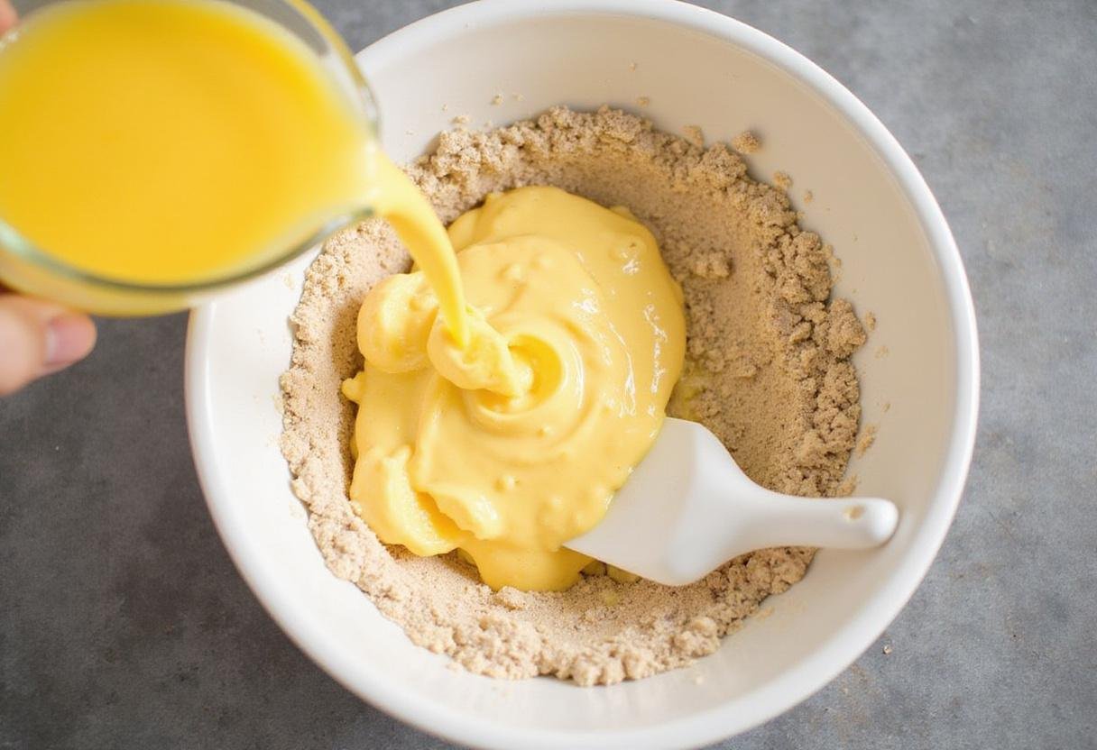Adding liquid ingredients to the dry mixture for a homemade loaf cake, capturing the process of combining eggs, milk, and butter.