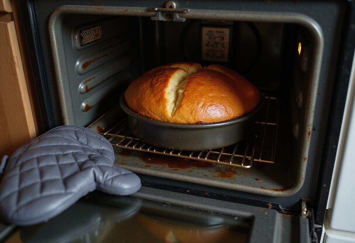 A loaf cake baking in the oven, highlighting the golden brown top as it rises to perfection.