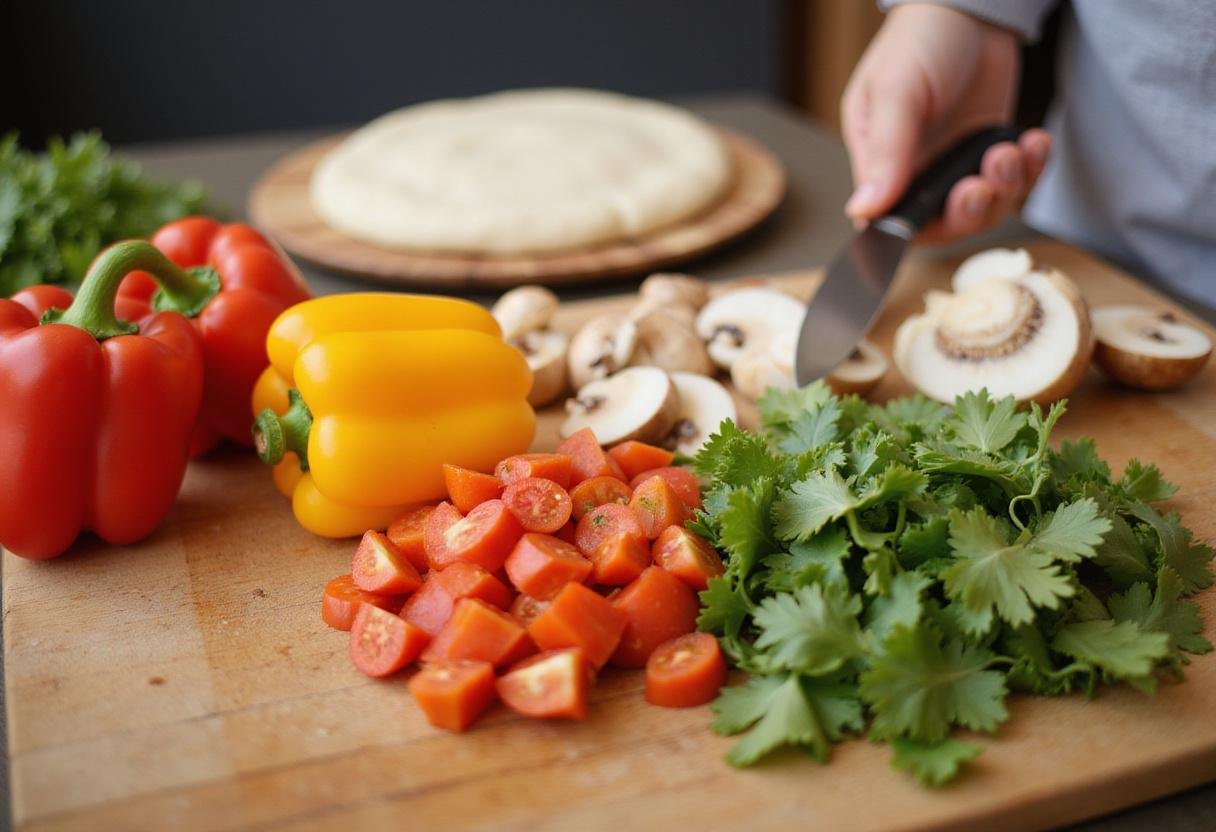 Fresh ingredients for Gary's Pizza special including chopped bell peppers, onions, and mushrooms on a cutting board.