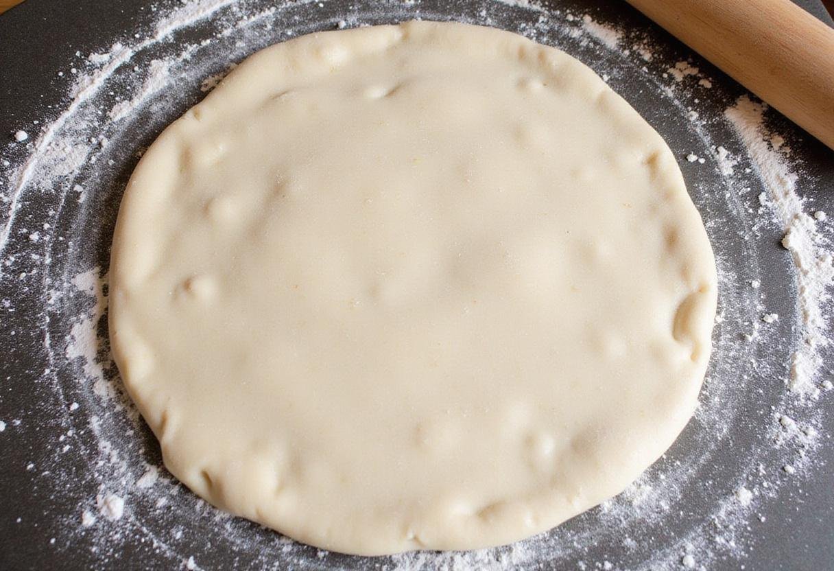 Rolling out dough for Gary's Pizza on a flour-dusted countertop, showcasing the preparation for a delicious pizza.