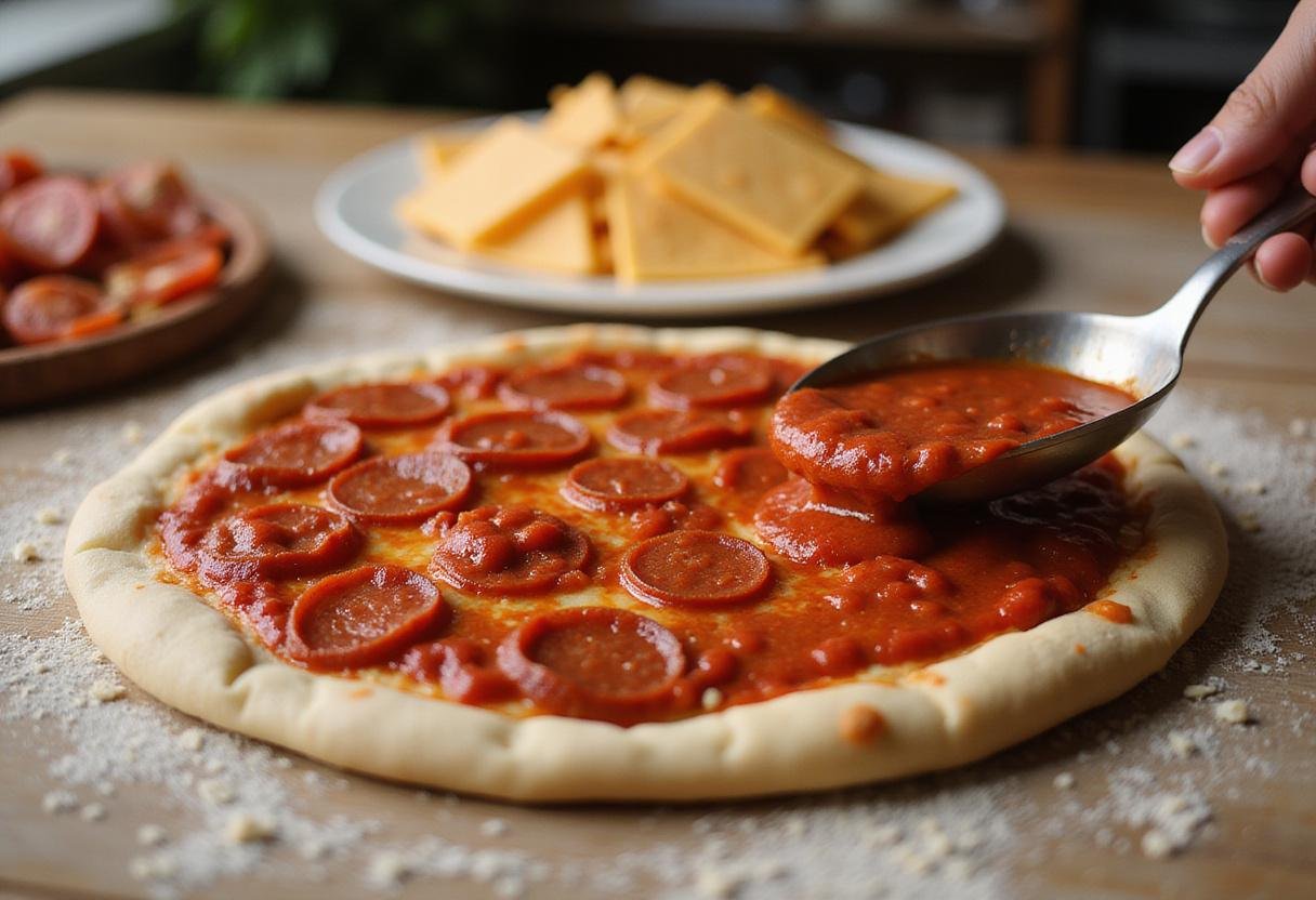 Spreading tomato sauce on the dough for Gary's Pizza special with fresh cheese and pepperoni prepared for topping.