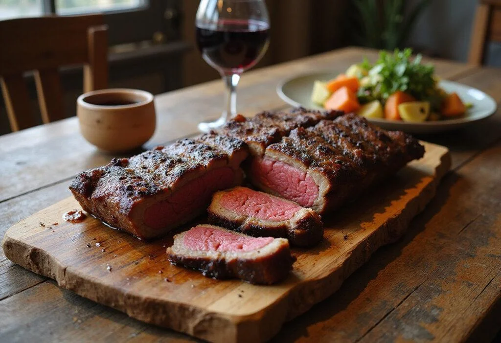 Mouth-watering giant dinosaur beef ribs feast beautifully presented for a delicious culinary experience.
