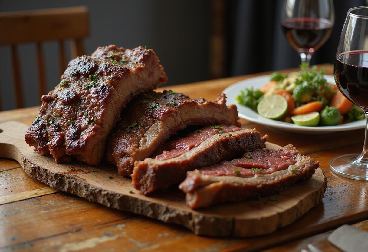 Mouth-watering giant dinosaur beef ribs feast beautifully presented for a delicious culinary experience.