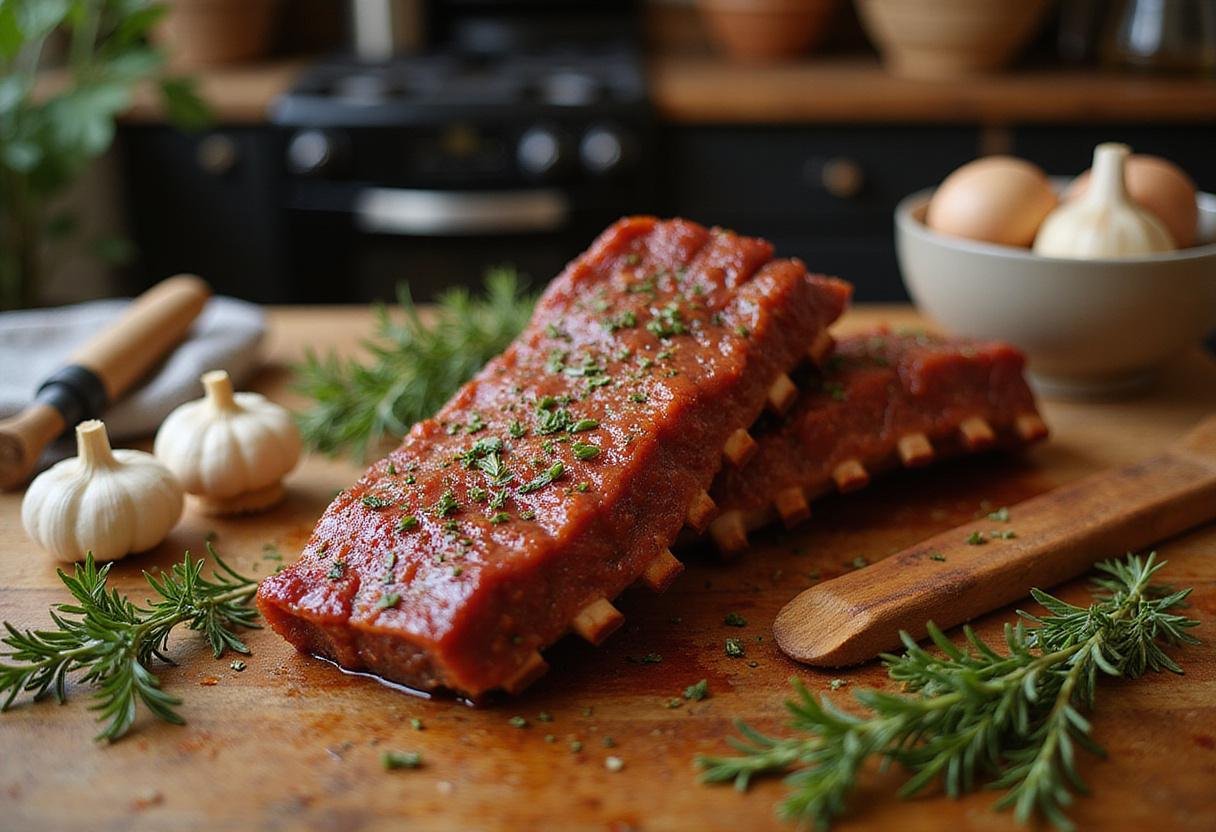 Deliciously marinated dinosaur beef ribs displayed on a wooden board with herbs, perfect for a feast.