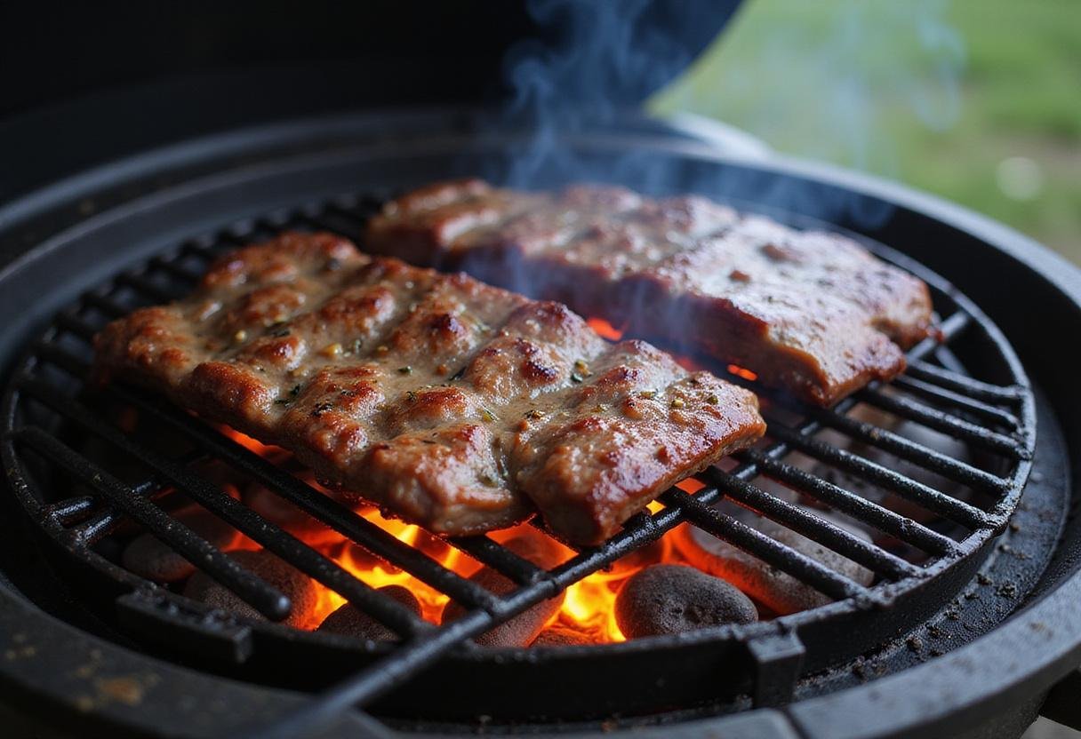 Grilling vibrant dinosaur beef ribs on a barbecue, creating a mouth-watering feast experience.