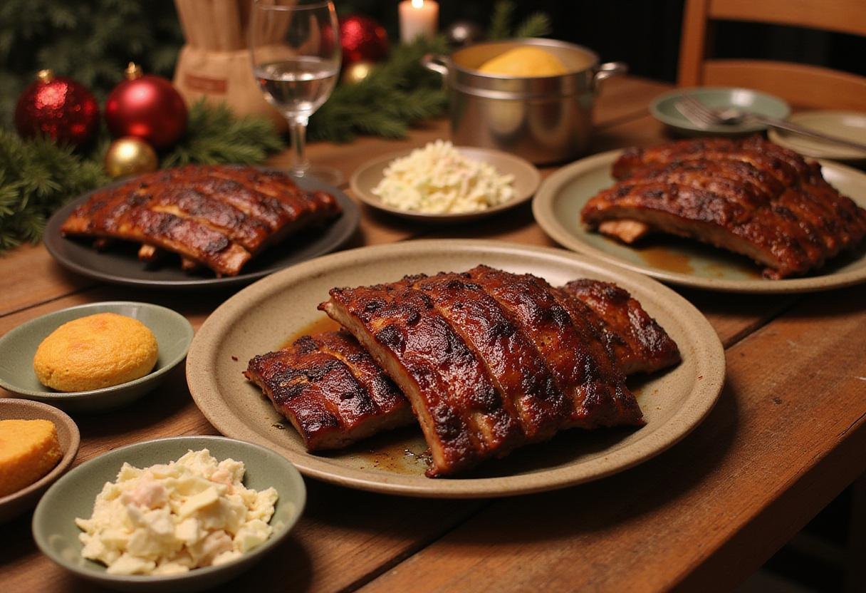 A beautifully arranged dining table with dinosaur beef ribs and side dishes, ideal for a grand feast.