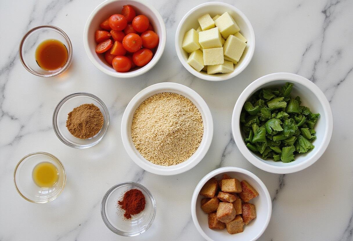 Gluten-free slow cooker ingredients setup with quinoa and fresh vegetables for a healthy meal.