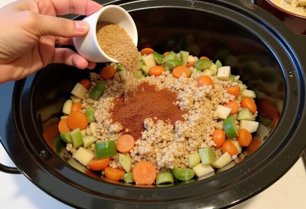 Filling a slow cooker with gluten-free vegetables and quinoa, showcasing healthy slow cooker recipes.