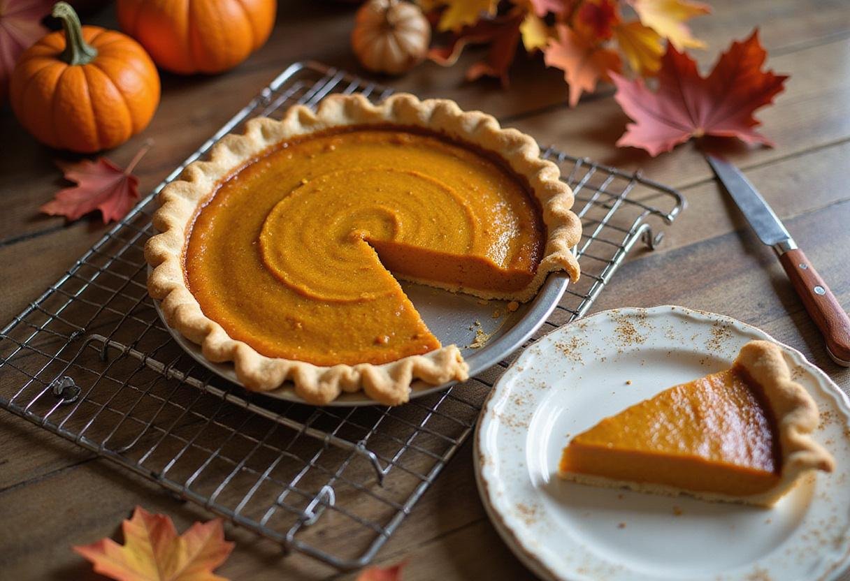 deliciously baked Grandma's classic pumpkin pie displayed beautifully for serving, showcasing the final result of an easy pumpkin pie recipe.