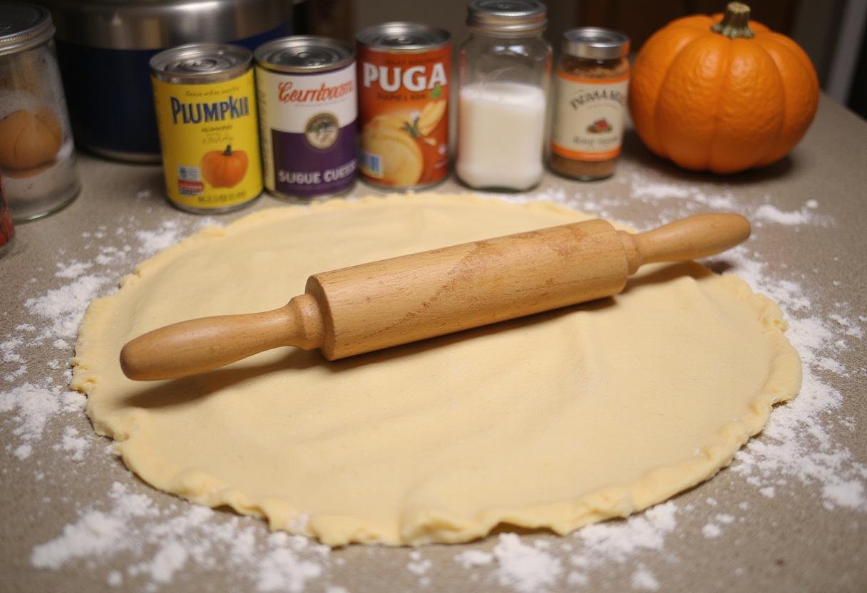 easy pumpkin pie recipe ingredients laid out on a kitchen counter including pumpkin pie filling can, sugar, cinnamon, and pie crust.