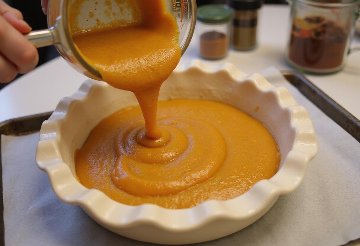 pouring pumpkin pie filling into a crust, showcasing the classic steps of a pumpkin pie recipe, ready for baking.
